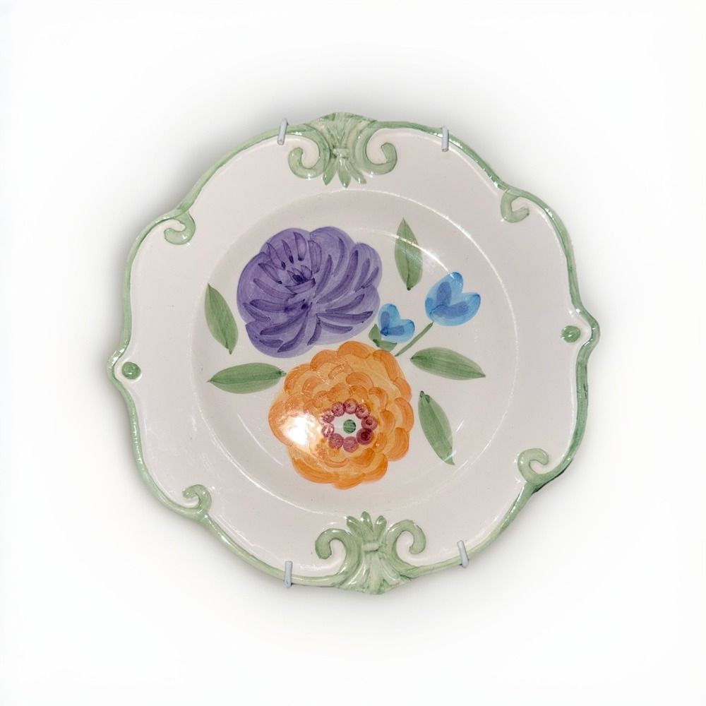Sauvignon Rachelle Floral Ceramic Scalloped Salad Plate Hand Painted Green Trim